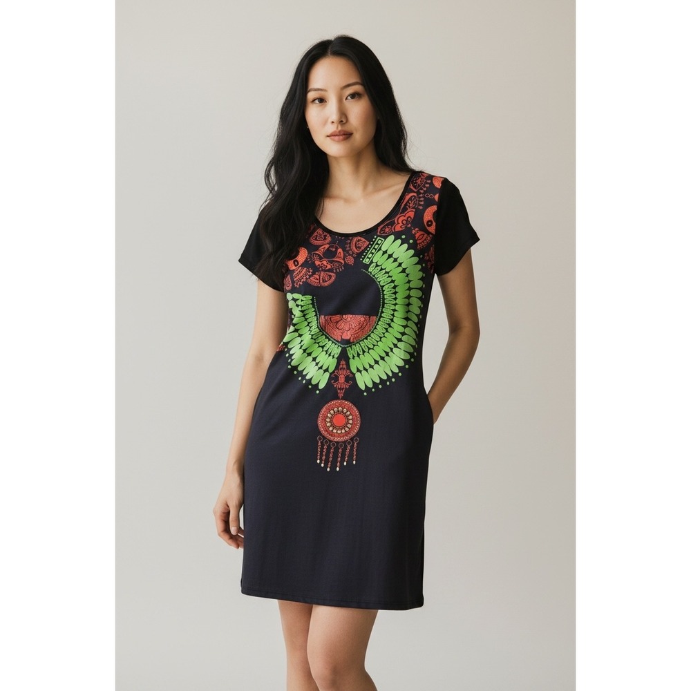 Custo Barcelona Womens Black Graphic Rhinestone Mesh Trim Shift Dress Size 3